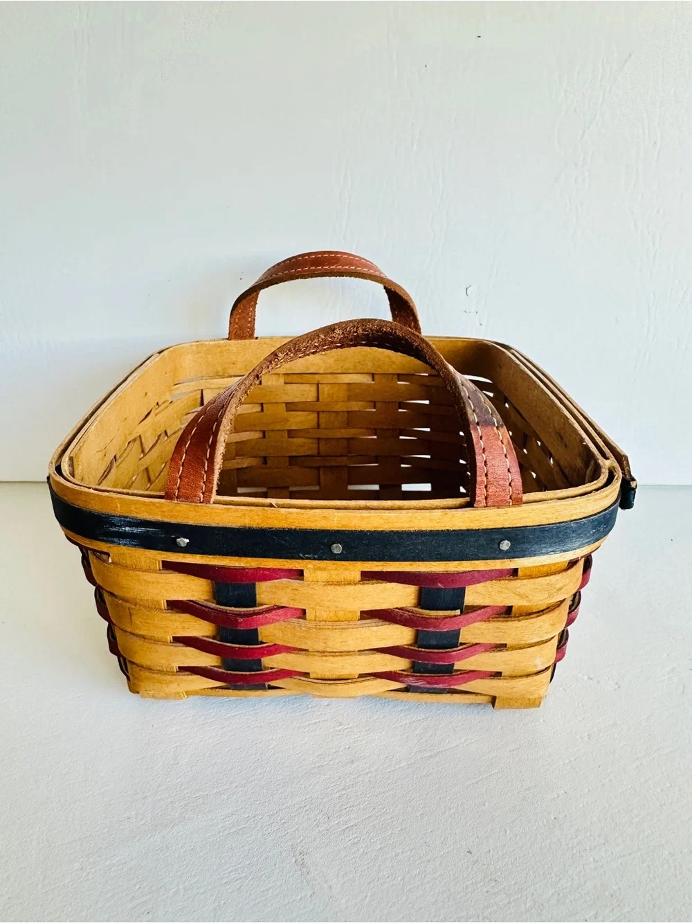 Handwoven Red & Black Accent Basket with Leather Handles